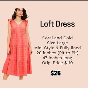 LOFT Vibrant Coral Midi Dress with Gold Details